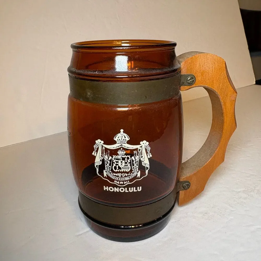 Vintage Honolulu Souvenir Brown Glass Barrel Mug Wood Handle